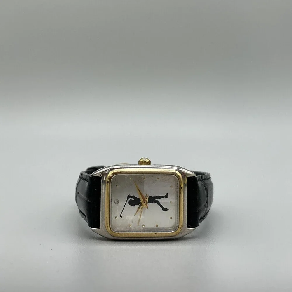 Golf Women Watch 21mm Silver Dial Black Leather Two Tone Rectangular New Battery